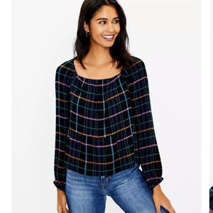LOFT‎ NWT Women's Plaid Square Neck Peplum Blouse